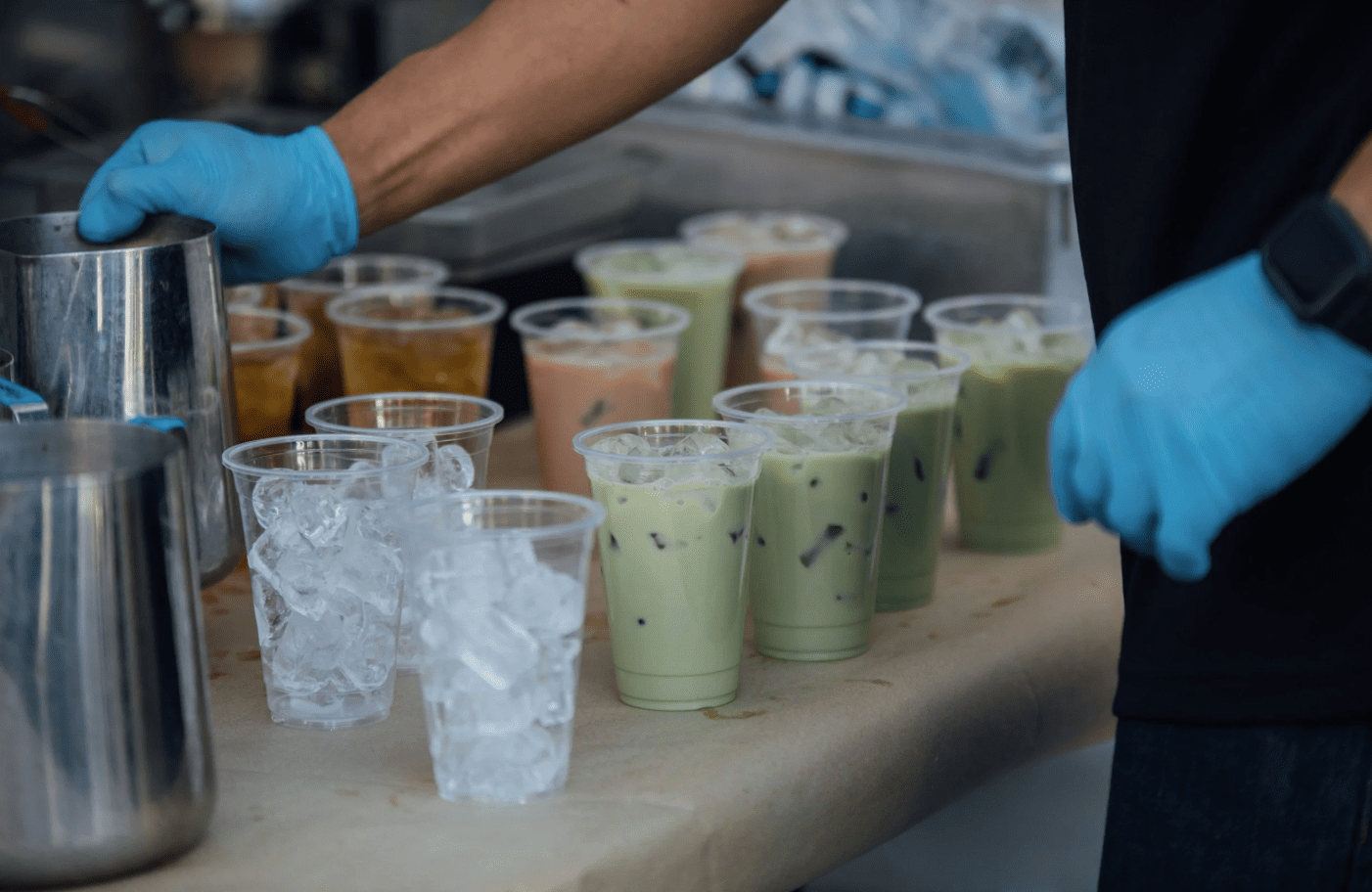 Iced coffee beverages in clear cups with ice, ready to serve at Sunny Cups Coffee.