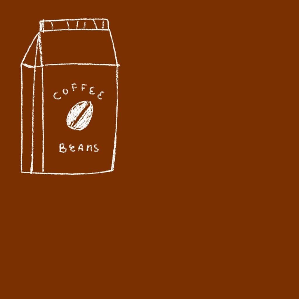 Hand-drawn coffee beans bag illustration on brown background.