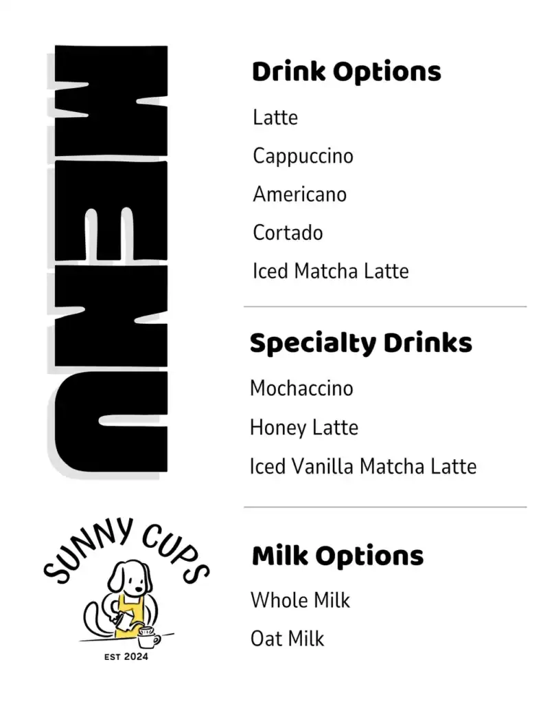 A colorful menu board displaying various coffee and specialty drinks at Sunny Cups Coffee.