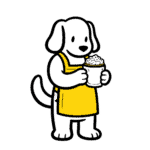 Dog mascot holding a coffee mug at Sunny Cups Coffee.