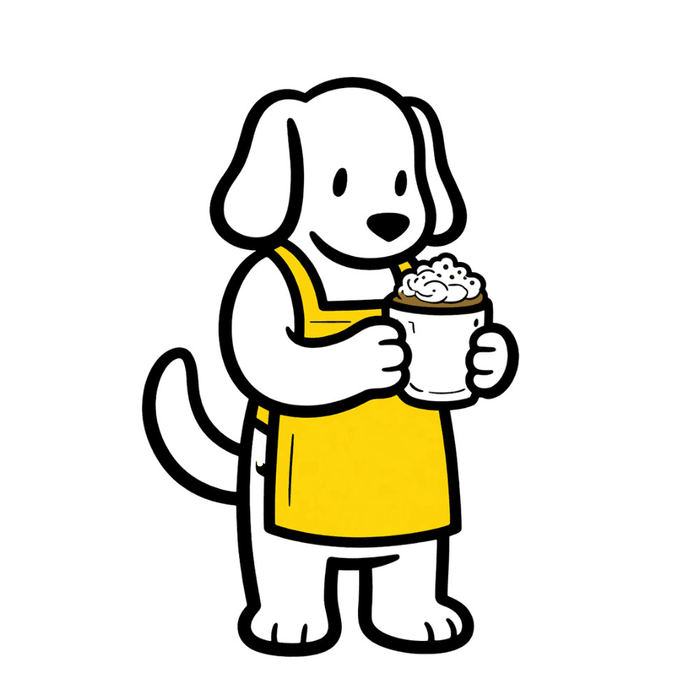 Dog mascot holding a coffee mug at Sunny Cups Coffee.