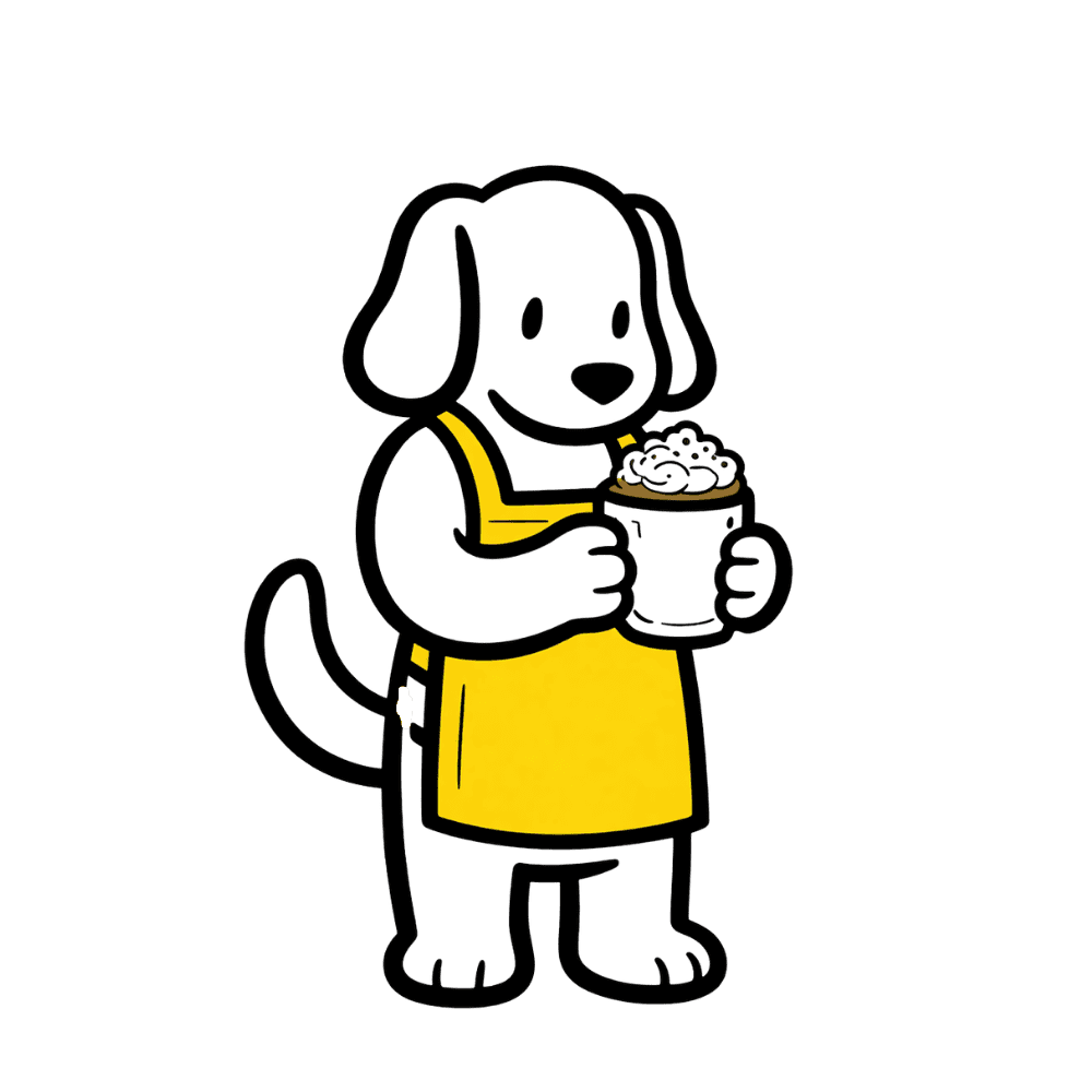 Dog holding a coffee cup with whipped cream.