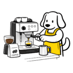 Dog barista preparing espresso with coffee machine and beans.