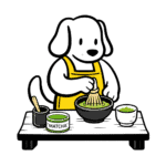 Dog preparing matcha tea with whisk and bowls.