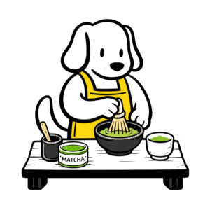 Dog preparing matcha tea with whisk and bowls.