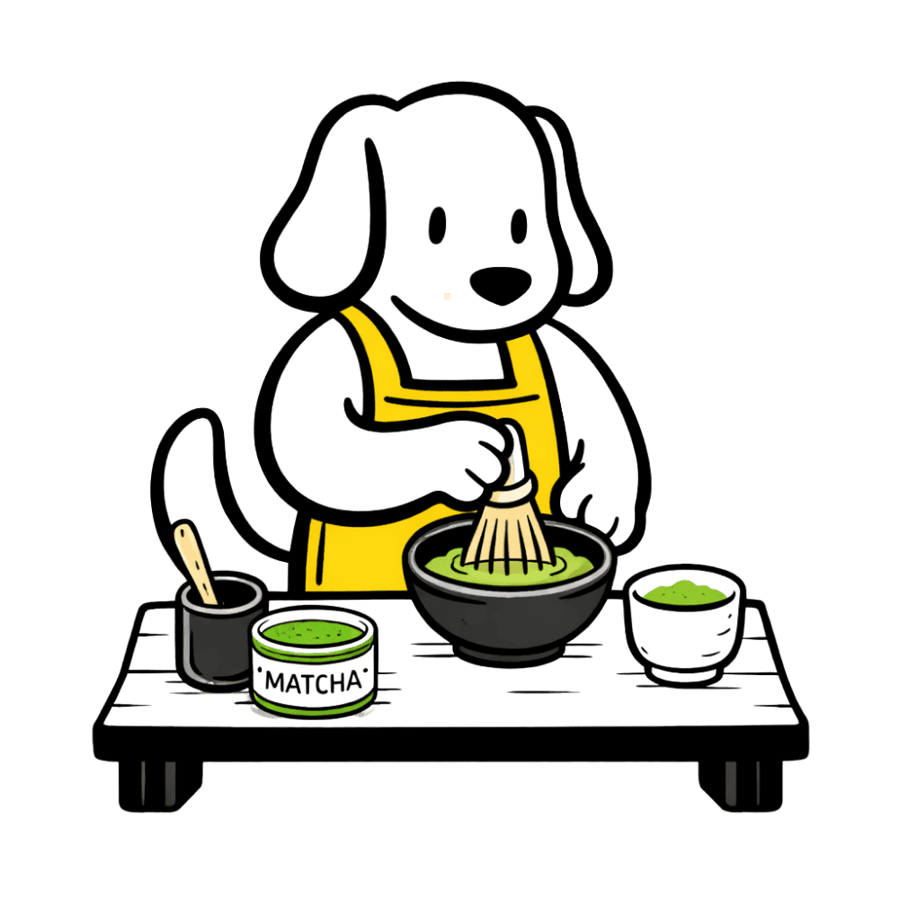 Dog preparing matcha tea with whisk and bowls.