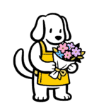 Dog holding a bouquet of colorful flowers, wearing a yellow apron.