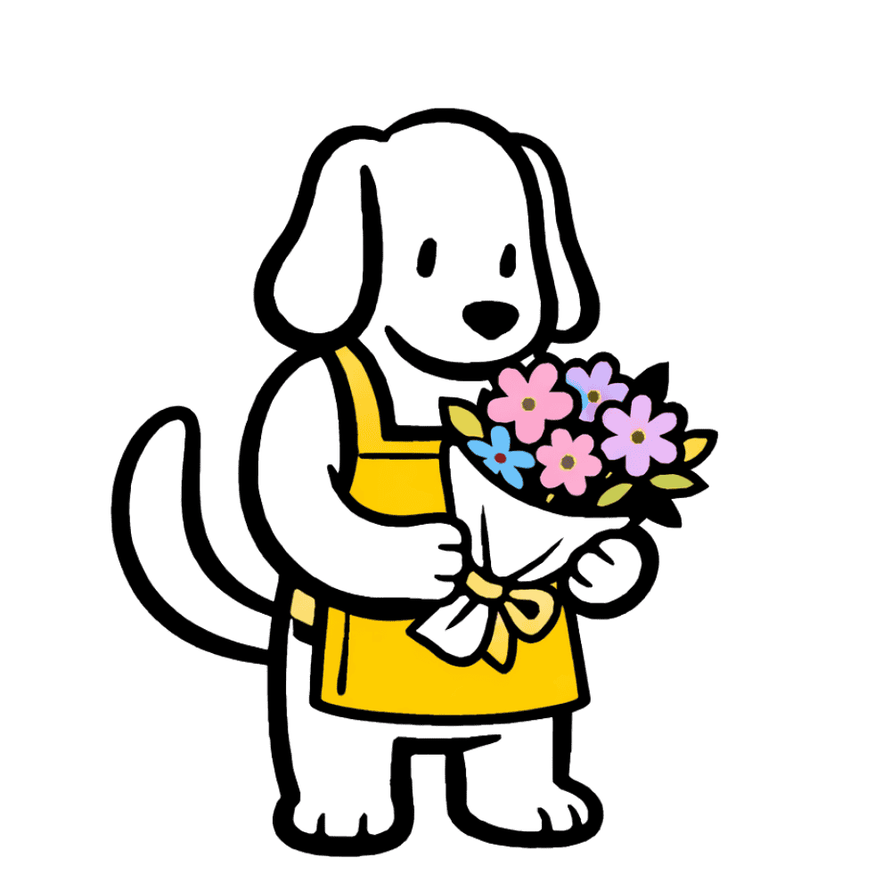 Dog holding a bouquet of colorful flowers, wearing a yellow apron.
