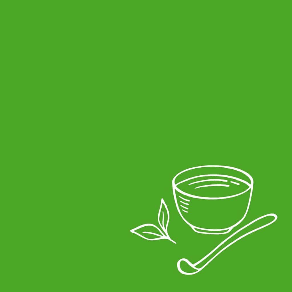 Simple line drawing of a tea cup with a spoon on a green background.