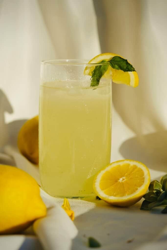 Glass of fresh lemonade with lemon slices and mint garnish.