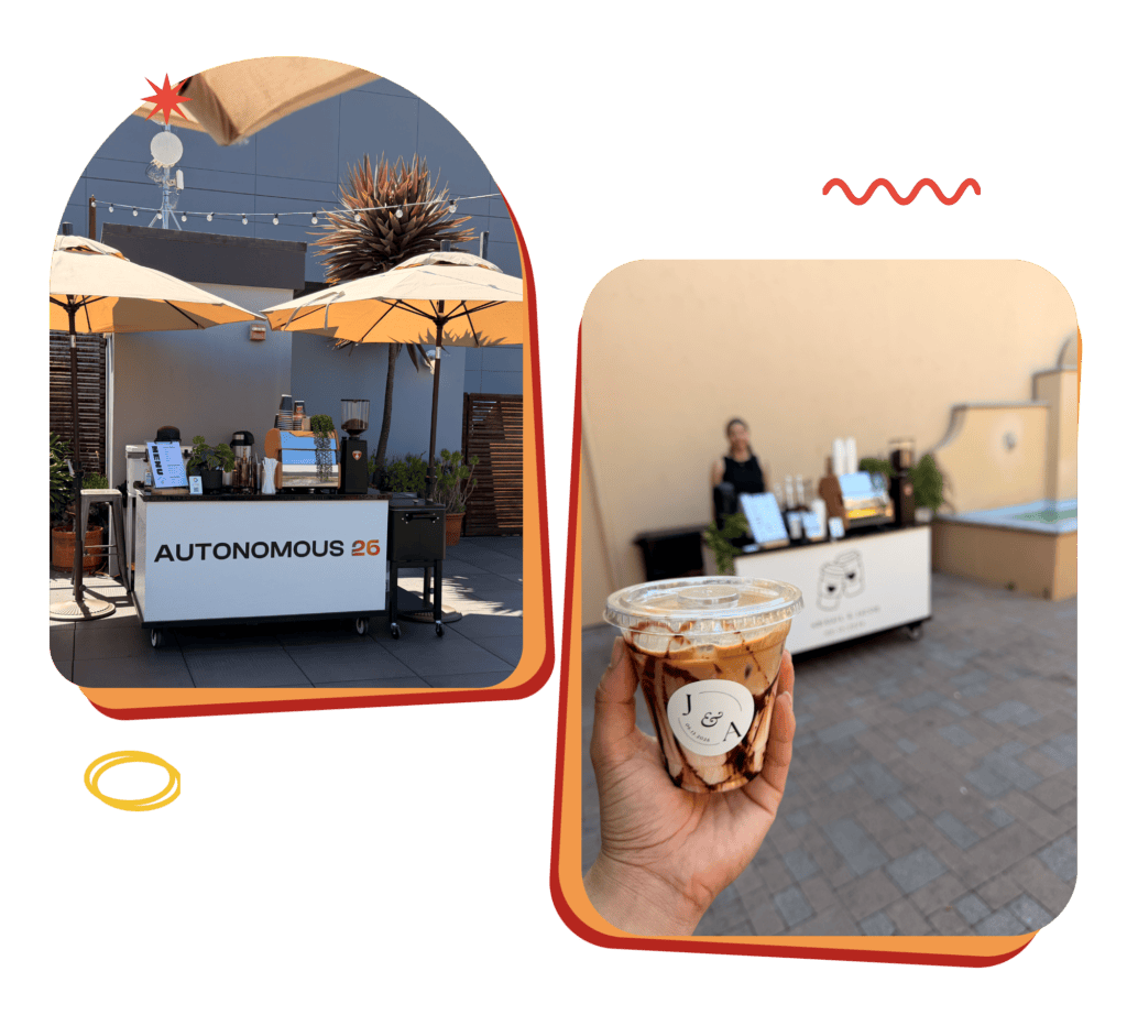 Sunny Cups mobile espresso bar serving coffee at outdoor event.