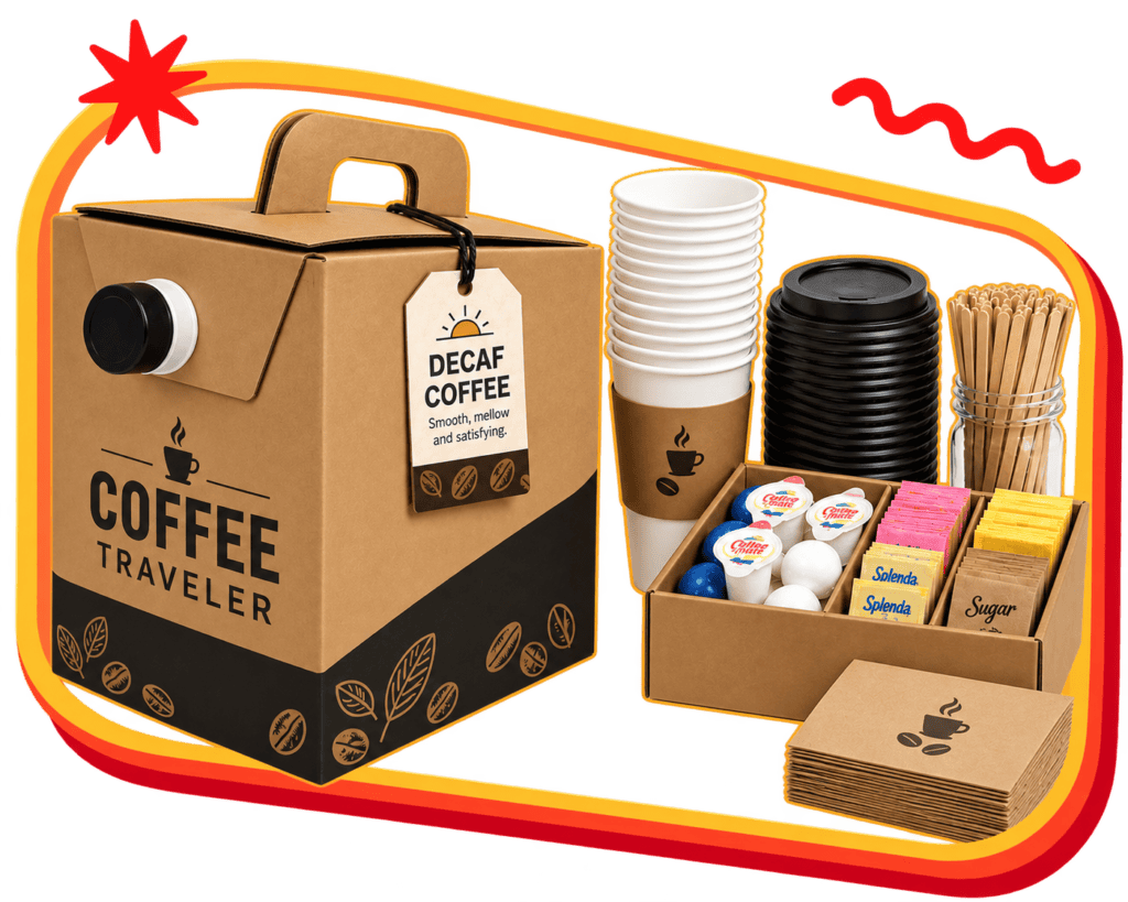 Sunny Cups mobile espresso bar with cups, stirrers, and coffee supplies.
