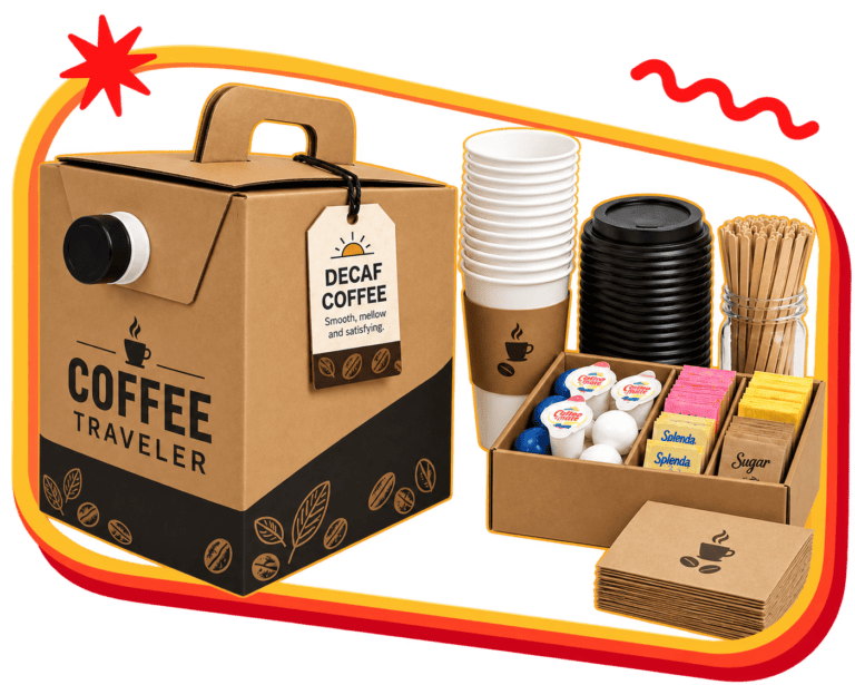 Sunny Cups mobile espresso bar with cups, stirrers, and coffee supplies.